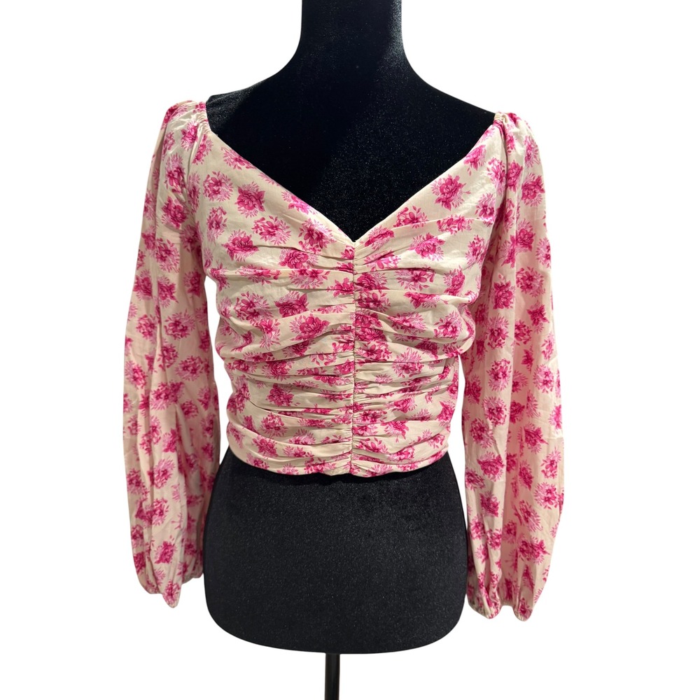 Zara Womens Pink Floral Ruched V-Neck Crop Top Long Balloon Sleeve Small